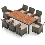 9PCS Patio Rattan Dining Set with Acacia Wood Table & 8 Cushioned Armchairs, Outdoor Garden Wood Wicker Dining Furniture Set w/ Umbrella Hole