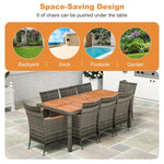 9PCS Patio Rattan Dining Set with Acacia Wood Table & 8 Cushioned Armchairs, Outdoor Garden Wood Wicker Dining Furniture Set w/ Umbrella Hole