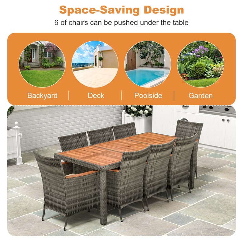 9PCS Patio Rattan Dining Set with Acacia Wood Table & 8 Cushioned Armchairs, Outdoor Garden Wood Wicker Dining Furniture Set w/ Umbrella Hole