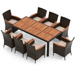 9 Piece Outdoor Wicker Dining Set Patio Dining Furniture Set Acacia Wood Umbrella Hole Table & 8 Stackable Rattan Chairs with Cushions