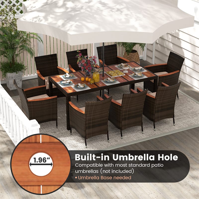 9 Piece Outdoor Wicker Dining Set Patio Dining Furniture Set Acacia Wood Umbrella Hole Table & 8 Stackable Rattan Chairs with Cushions