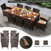 9 Piece Outdoor Wicker Dining Set Patio Dining Furniture Set Acacia Wood Umbrella Hole Table & 8 Stackable Rattan Chairs with Cushions