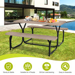 HDPE Picnic Table Bench Set Outdoor Camping Table All-Weather Metal Base Wood-Like Texture with 2 Built-in Benches