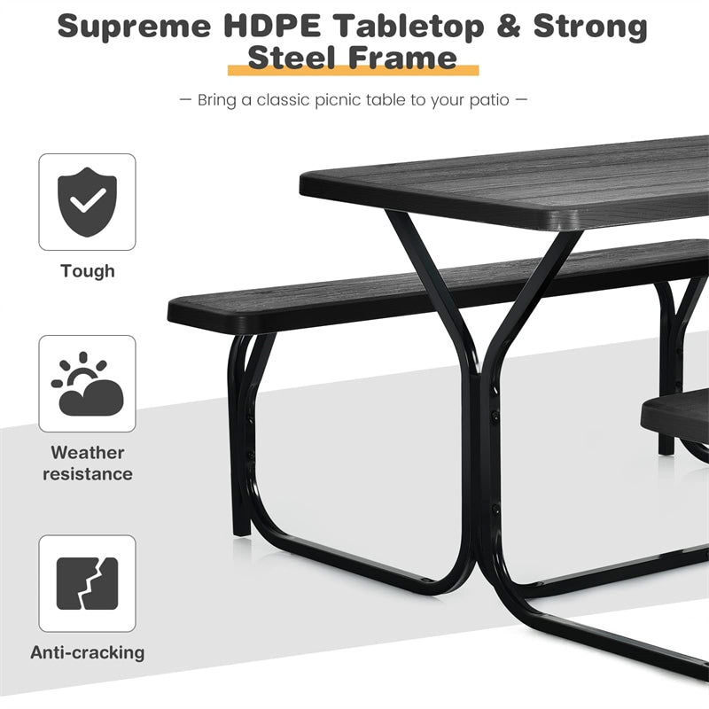 HDPE Picnic Table Bench Set Outdoor Camping Table All-Weather Metal Base Wood-Like Texture with 2 Built-in Benches