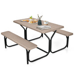 HDPE Picnic Table Bench Set Outdoor Camping Table All-Weather Metal Base Wood-Like Texture with 2 Built-in Benches