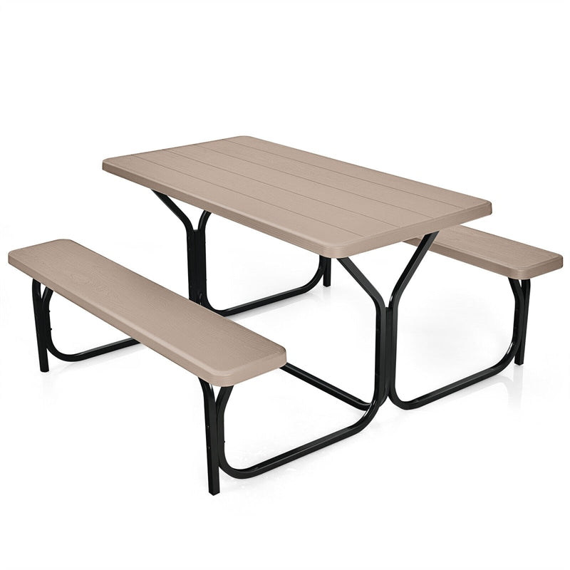 HDPE Picnic Table Bench Set Outdoor Camping Table All-Weather Metal Base Wood-Like Texture with 2 Built-in Benches