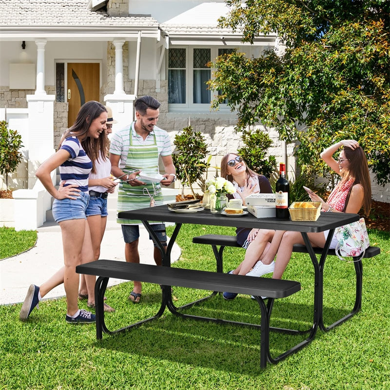 HDPE Picnic Table Bench Set Outdoor Camping Table All-Weather Metal Base Wood-Like Texture with 2 Built-in Benches