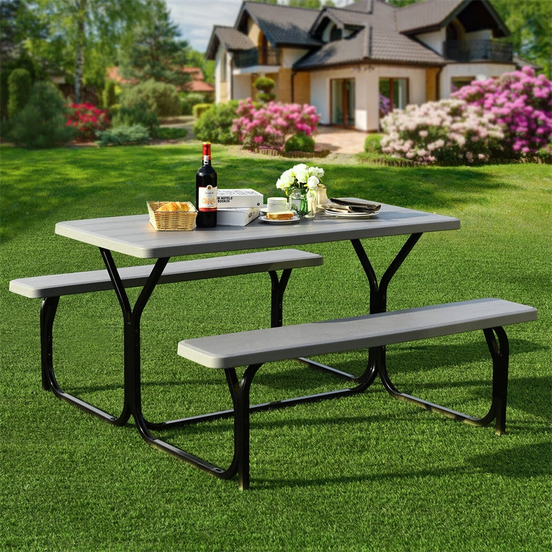 HDPE Picnic Table Bench Set Outdoor Camping Table All-Weather Metal Base Wood-Like Texture with 2 Built-in Benches