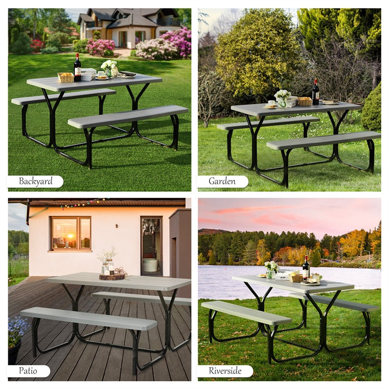 HDPE Picnic Table Bench Set Outdoor Camping Table All-Weather Metal Base Wood-Like Texture with 2 Built-in Benches