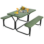 HDPE Picnic Table Bench Set Outdoor Camping Table All-Weather Metal Base Wood-Like Texture with 2 Built-in Benches