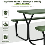 HDPE Picnic Table Bench Set Outdoor Camping Table All-Weather Metal Base Wood-Like Texture with 2 Built-in Benches