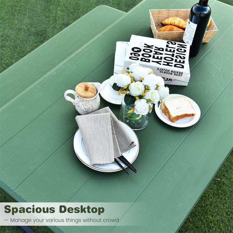 HDPE Picnic Table Bench Set Outdoor Camping Table All-Weather Metal Base Wood-Like Texture with 2 Built-in Benches