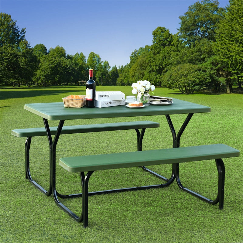 HDPE Picnic Table Bench Set Outdoor Camping Table All-Weather Metal Base Wood-Like Texture with 2 Built-in Benches