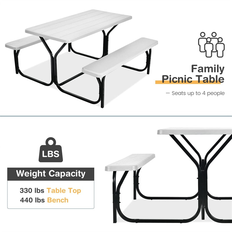 HDPE Picnic Table Bench Set Outdoor Camping Table All-Weather Metal Base Wood-Like Texture with 2 Built-in Benches