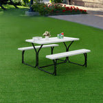 HDPE Picnic Table Bench Set Outdoor Camping Table All-Weather Metal Base Wood-Like Texture with 2 Built-in Benches