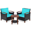 3 Pcs Wicker Patio Conversation Set Solid Acacia Wood Frame Outdoor Furniture Set with Round Side Table & Cushions