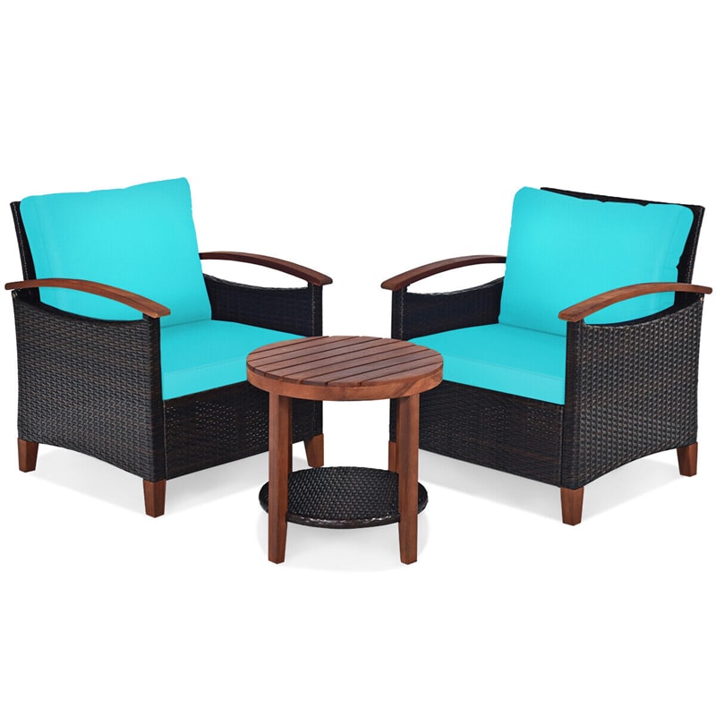 3 Pcs Wicker Patio Conversation Set Solid Acacia Wood Frame Outdoor Furniture Set with Round Side Table & Cushions