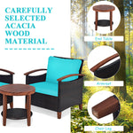 3 Pcs Wicker Patio Conversation Set Solid Acacia Wood Frame Outdoor Furniture Set with Round Side Table & Cushions