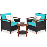 3 Pcs Wicker Patio Conversation Set Solid Acacia Wood Frame Outdoor Furniture Set with Round Side Table & Cushions