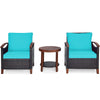 3 Pcs Wicker Patio Conversation Set Solid Acacia Wood Frame Outdoor Furniture Set with Round Side Table & Cushions