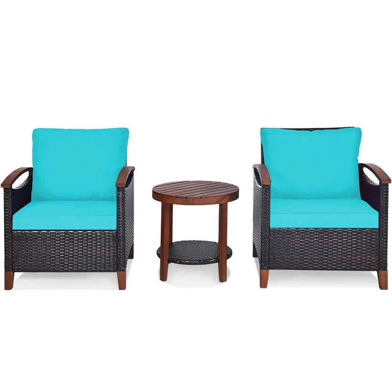 3 Pcs Wicker Patio Conversation Set Solid Acacia Wood Frame Outdoor Furniture Set with Round Side Table & Cushions