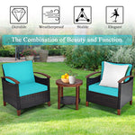 3 Pcs Wicker Patio Conversation Set Solid Acacia Wood Frame Outdoor Furniture Set with Round Side Table & Cushions