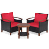 3 Pcs Wicker Patio Conversation Set Solid Acacia Wood Frame Outdoor Furniture Set with Round Side Table & Cushions