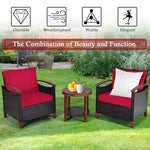 3 Pcs Wicker Patio Conversation Set Solid Acacia Wood Frame Outdoor Furniture Set with Round Side Table & Cushions