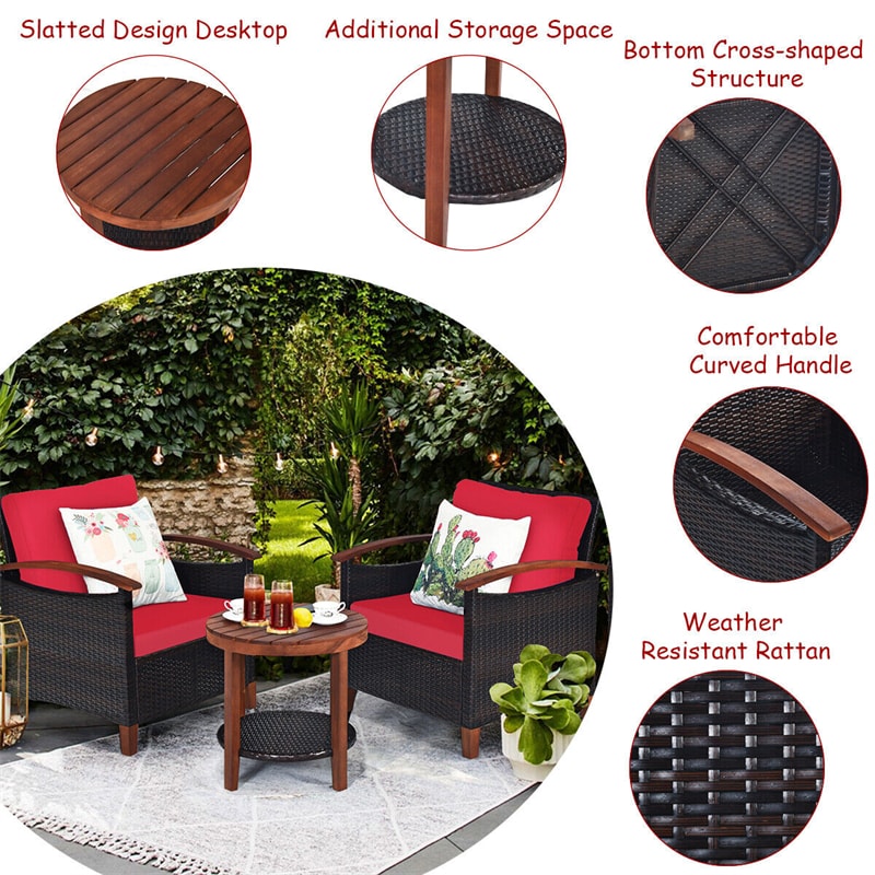 3 Pcs Wicker Patio Conversation Set Solid Acacia Wood Frame Outdoor Furniture Set with Round Side Table & Cushions