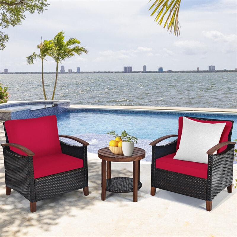 3 Pcs Wicker Patio Conversation Set Solid Acacia Wood Frame Outdoor Furniture Set with Round Side Table & Cushions