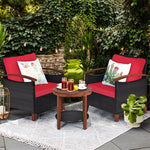 3 Pcs Wicker Patio Conversation Set Solid Acacia Wood Frame Outdoor Furniture Set with Round Side Table & Cushions