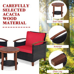 3 Pcs Wicker Patio Conversation Set Solid Acacia Wood Frame Outdoor Furniture Set with Round Side Table & Cushions