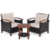 3 Pcs Wicker Patio Conversation Set Solid Acacia Wood Frame Outdoor Furniture Set with Round Side Table & Cushions