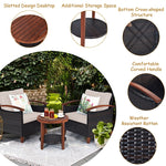 3 Pcs Wicker Patio Conversation Set Solid Acacia Wood Frame Outdoor Furniture Set with Round Side Table & Cushions