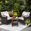 3 Pcs Wicker Patio Conversation Set Solid Acacia Wood Frame Outdoor Furniture Set with Round Side Table & Cushions