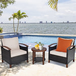 3 Pcs Wicker Patio Conversation Set Solid Acacia Wood Frame Outdoor Furniture Set with Round Side Table & Cushions