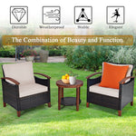 3 Pcs Wicker Patio Conversation Set Solid Acacia Wood Frame Outdoor Furniture Set with Round Side Table & Cushions