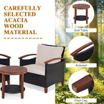 3 Pcs Wicker Patio Conversation Set Solid Acacia Wood Frame Outdoor Furniture Set with Round Side Table & Cushions