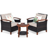 3 Pcs Wicker Patio Conversation Set Solid Acacia Wood Frame Outdoor Furniture Set with Round Side Table & Cushions