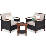 3 Pcs Wicker Patio Conversation Set Solid Acacia Wood Frame Outdoor Furniture Set with Round Side Table & Cushions