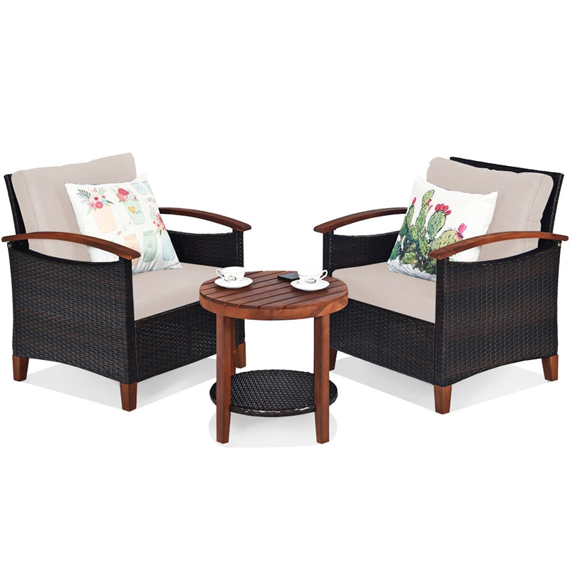 3 Pcs Wicker Patio Conversation Set Solid Acacia Wood Frame Outdoor Furniture Set with Round Side Table & Cushions