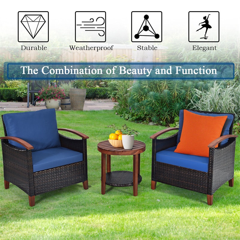 3 Pcs Wicker Patio Conversation Set Solid Acacia Wood Frame Outdoor Furniture Set with Round Side Table & Cushions