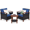 3 Pcs Wicker Patio Conversation Set Solid Acacia Wood Frame Outdoor Furniture Set with Round Side Table & Cushions