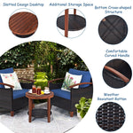 3 Pcs Wicker Patio Conversation Set Solid Acacia Wood Frame Outdoor Furniture Set with Round Side Table & Cushions