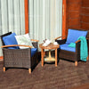 3 Pcs Wicker Patio Conversation Set Solid Acacia Wood Frame Outdoor Furniture Set with Round Side Table & Cushions