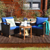 3 Pcs Wicker Patio Conversation Set Solid Acacia Wood Frame Outdoor Furniture Set with Round Side Table & Cushions