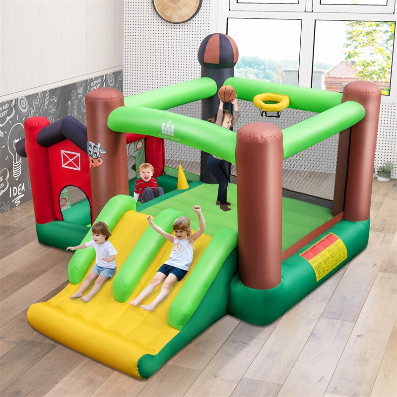 Farm Themed Inflatable Castle Bounce House Indoor Outdoor Kids Bouncy House with Double Slides & 735W Air Blower