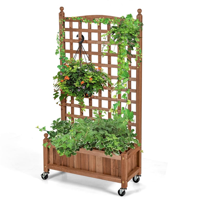 Freestanding Solid Wood Trellis with Planter Box, 50"H Vertical Raised Garden Bed Trellis for Climbing Vegetables Plants