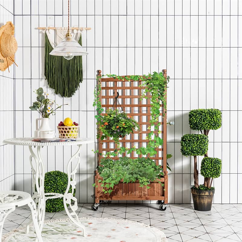 Freestanding Solid Wood Trellis with Planter Box, 50"H Vertical Raised Garden Bed Trellis for Climbing Vegetables Plants