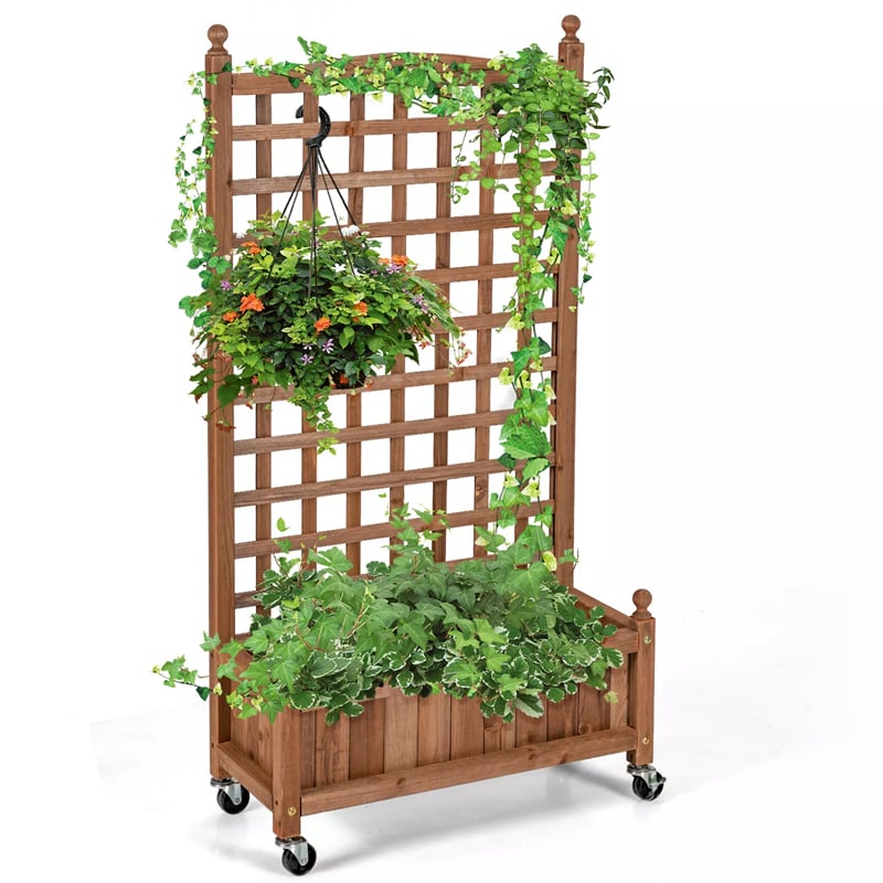 Freestanding Solid Wood Trellis with Planter Box, 50"H Vertical Raised Garden Bed Trellis for Climbing Vegetables Plants